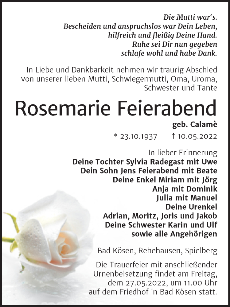  Traueranzeige für Rosemarie Feierabend vom 18.05.2022 aus Wochenspiegel Naumburg/Nebra