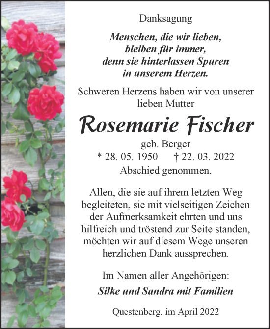 Traueranzeige von Rosemarie Fischer von Trauerkombi Sangerhausen