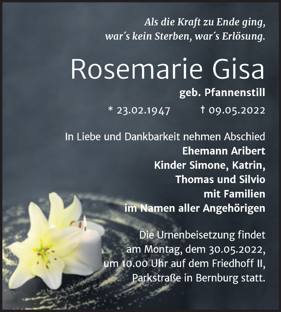  Traueranzeige für Rosemarie Gisa vom 14.05.2022 aus Trauerkombi Bernburg