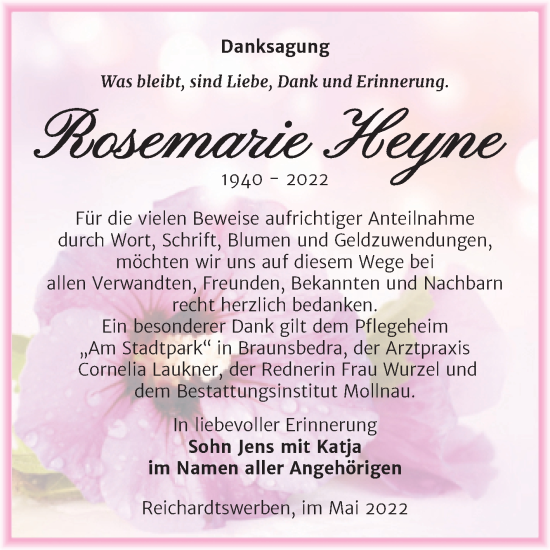 Traueranzeige von Rosemarie Heyne von Trauerkombi Weißenfels
