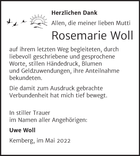 Traueranzeige von Rosemarie Woll von Trauerkombi Wittenberg