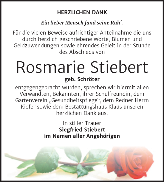 Traueranzeige von Rosmarie Stiebert von Trauerkombi Weißenfels