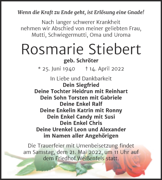 Traueranzeige von Rosmarie Stiebert von Trauerkombi Weißenfels