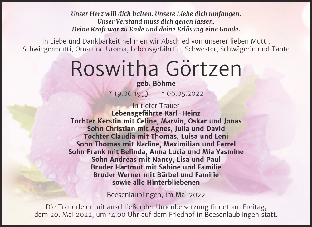  Traueranzeige für Roswitha Görtzen vom 14.05.2022 aus Trauerkombi Bernburg