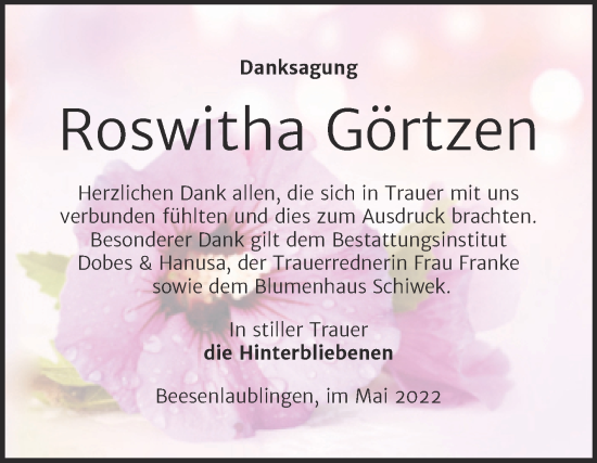 Traueranzeige von Roswitha Görtzen von Trauerkombi Bernburg