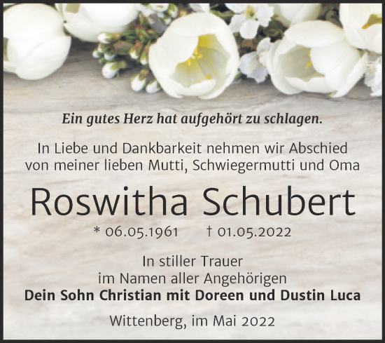 Traueranzeige von Roswitha Schubert von Trauerkombi Wittenberg