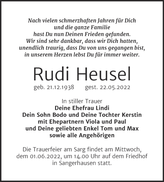 Traueranzeige von Rudi Heusel von Mitteldeutsche Zeitung Sangerhausen