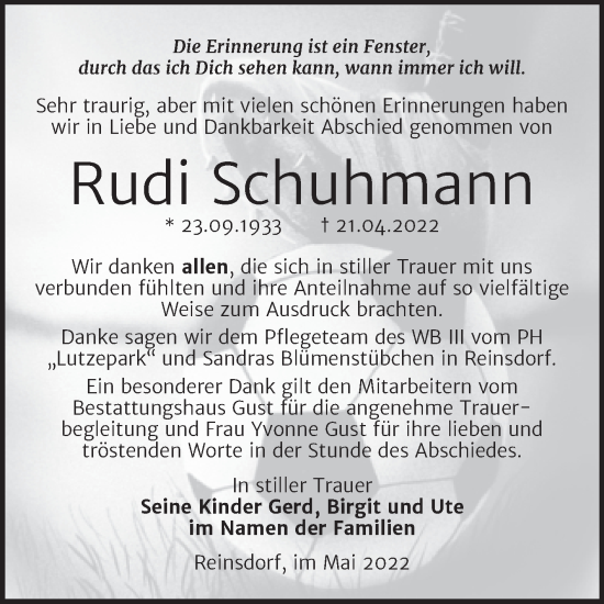 Traueranzeige von Rudi Schuhmann von Trauerkombi Köthen