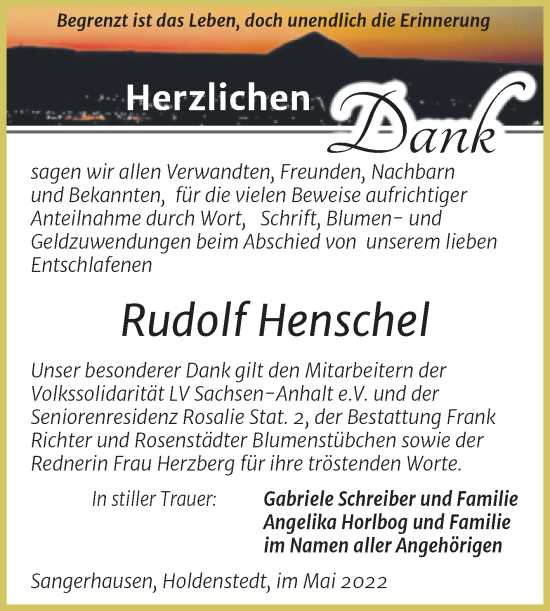 Traueranzeige von Rudolf Henschel von Trauerkombi Sangerhausen