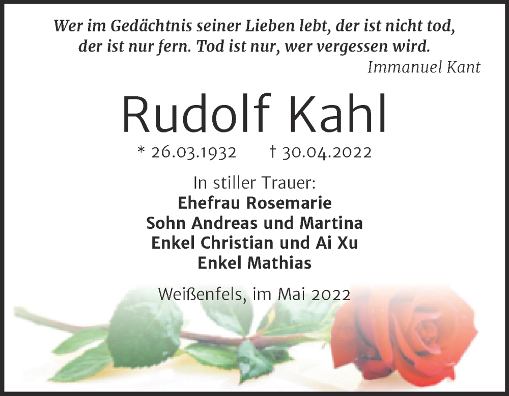  Traueranzeige für Rudolf Kahl vom 11.05.2022 aus Trauerkombi Weißenfels
