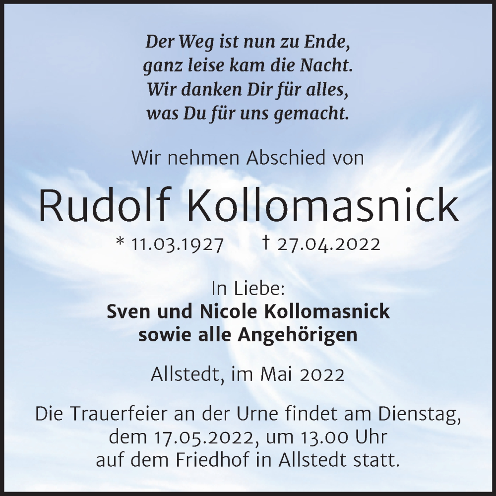  Traueranzeige für Rudolf Kollomasnick vom 04.05.2022 aus Trauerkombi Sangerhausen