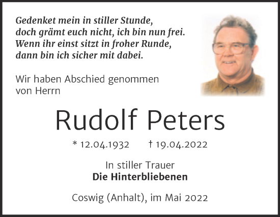 Traueranzeige von Rudolf Peters von Trauerkombi Wittenberg