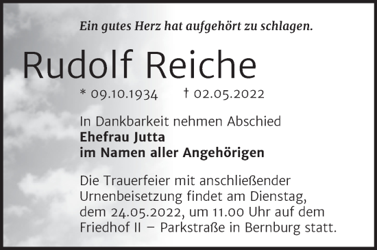 Traueranzeige von Rudolf Reiche von Trauerkombi Bernburg