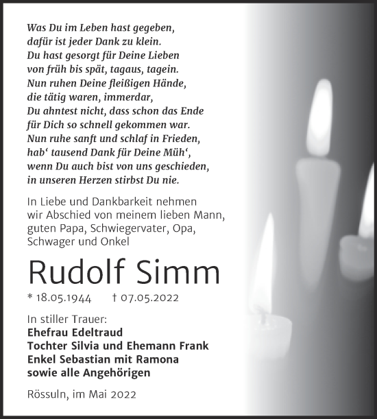 Traueranzeige von Rudolf Simm von Trauerkombi Weißenfels