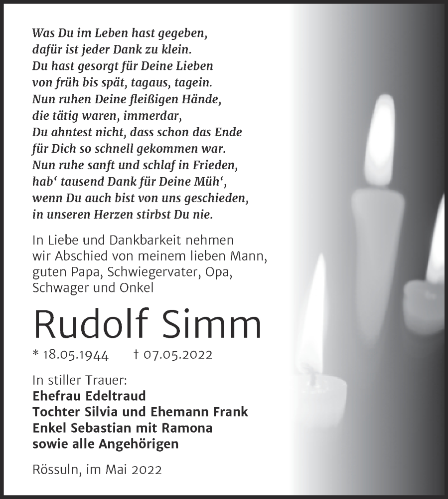  Traueranzeige für Rudolf Simm vom 18.05.2022 aus Trauerkombi Weißenfels