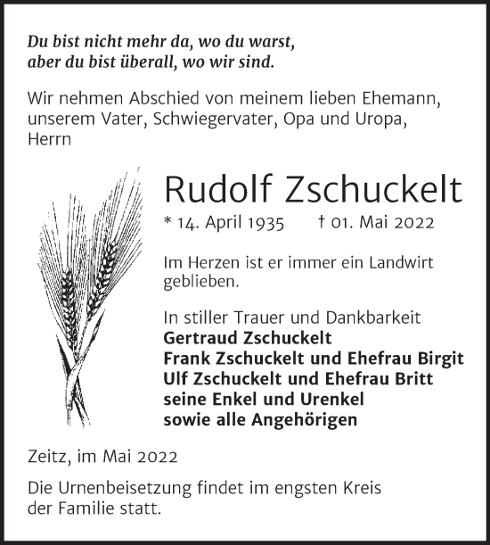 Traueranzeige von Rudolf Zschuckelt von Trauerkombi Zeitz