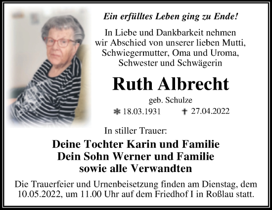 Traueranzeige von Ruth Albrecht von Trauerkombi Dessau