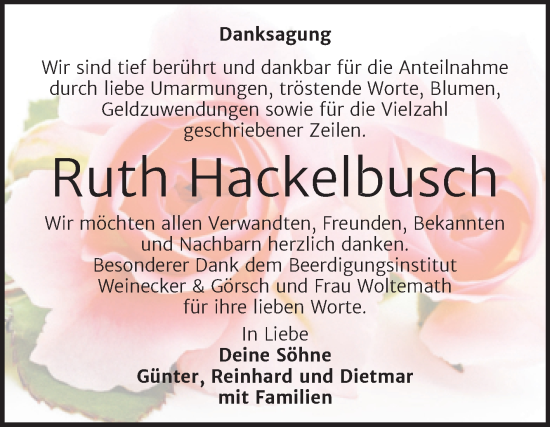 Traueranzeige von Ruth Hackelbusch von Trauerkombi Bernburg