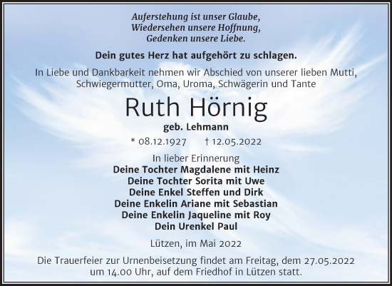 Traueranzeige von Ruth Hörnig von Trauerkombi Weißenfels