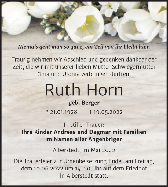 Traueranzeige von Ruth Horn von Trauerkombi Merseburg