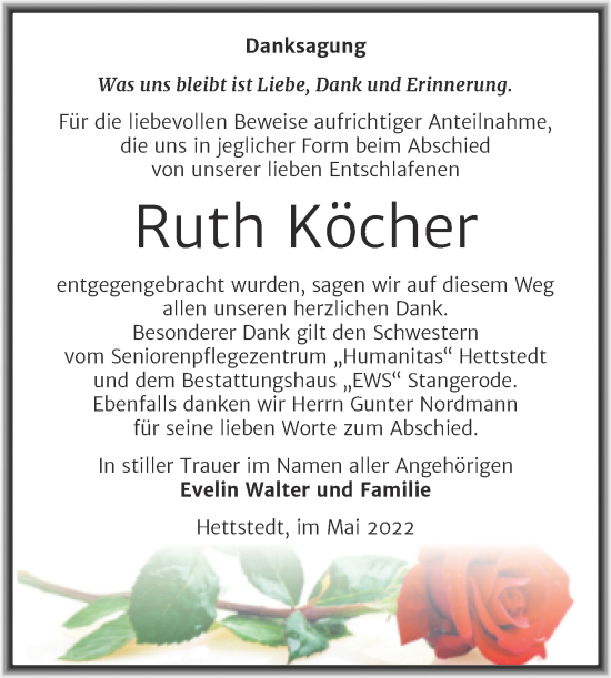 Traueranzeige von Ruth Köcher von Trauerkombi Mansfelder Land