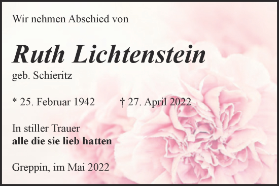 Traueranzeige von Ruth Lichtenstein von Trauerkombi Bitterfeld