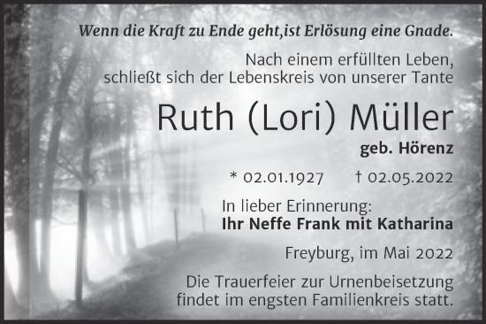 Traueranzeige von Ruth Müller von Wochenspiegel Naumburg/Nebra