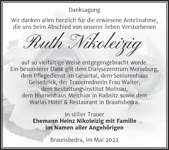 Traueranzeige von Ruth Nikoleizig von Trauerkombi Merseburg