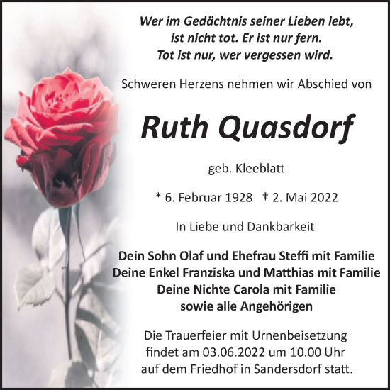 Traueranzeige von Ruth Quasdorf von Trauerkombi Bitterfeld