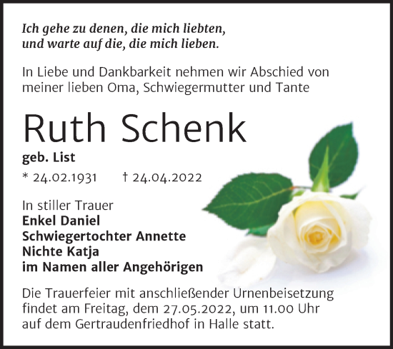 Traueranzeige von Ruth Schenk von Mitteldeutsche Zeitung Halle/Saalkreis