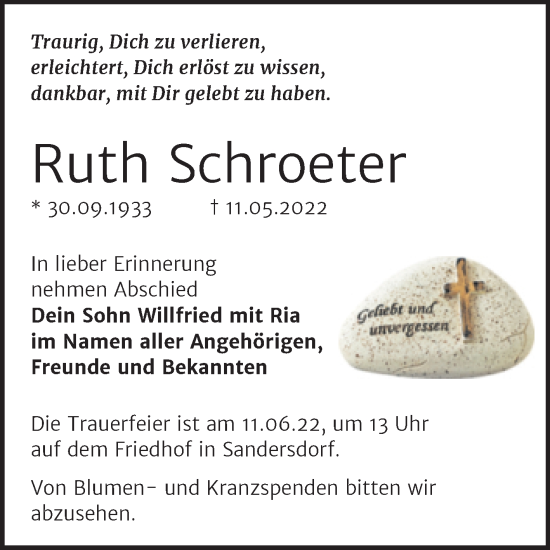 Traueranzeige von Ruth Schroeter von Trauerkombi Bitterfeld