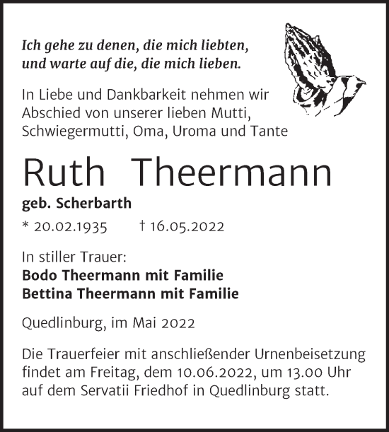 Traueranzeige von Ruth Theermann von Trauerkombi Quedlinburg