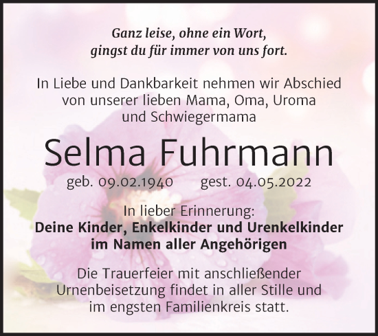 Traueranzeige von Selma Fuhrmann von Wochenspiegel Bitterfeld