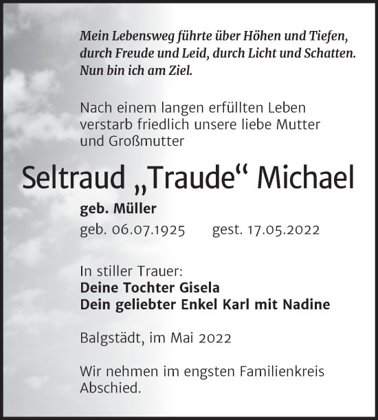Traueranzeige von Seltraud Michael von Wochenspiegel Naumburg/Nebra