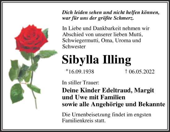 Traueranzeige von Sibylla Illing von Trauerkombi Wittenberg