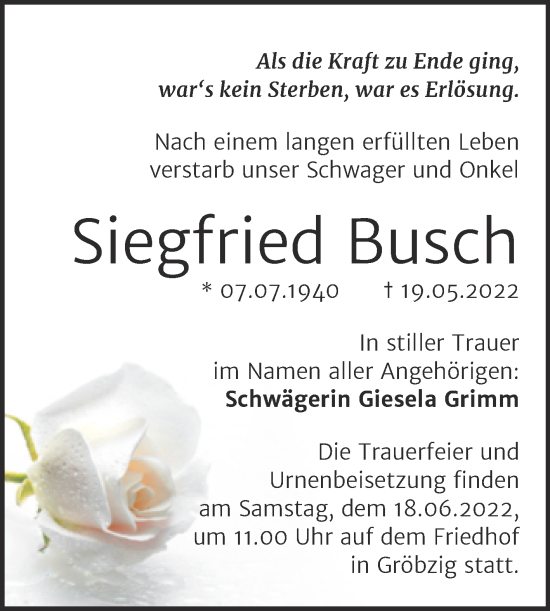 Traueranzeige von Siegfried Busch von Trauerkombi Köthen