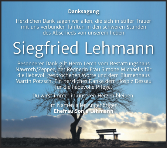 Traueranzeige von Siegfried Lehmann von Trauerkombi Bitterfeld
