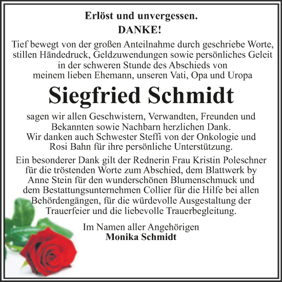 Traueranzeige von Siegfried Schmidt von Trauerkombi Dessau