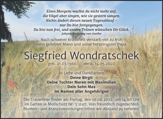 Traueranzeige von Siegfried Wondratschek von Wochenspiegel Naumburg/Nebra