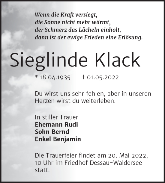 Traueranzeige von Sieglinde Klack von Trauerkombi Dessau