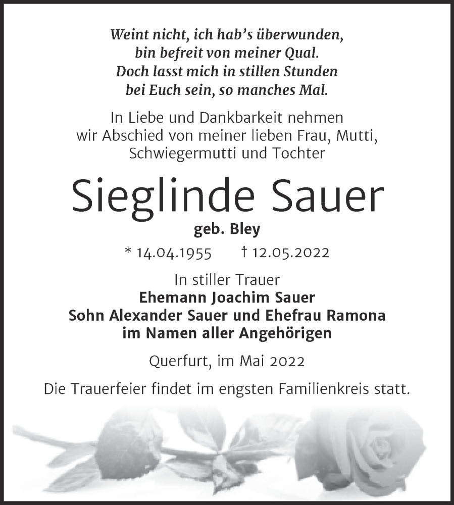  Traueranzeige für Sieglinde Sauer vom 28.05.2022 aus Trauerkombi Merseburg