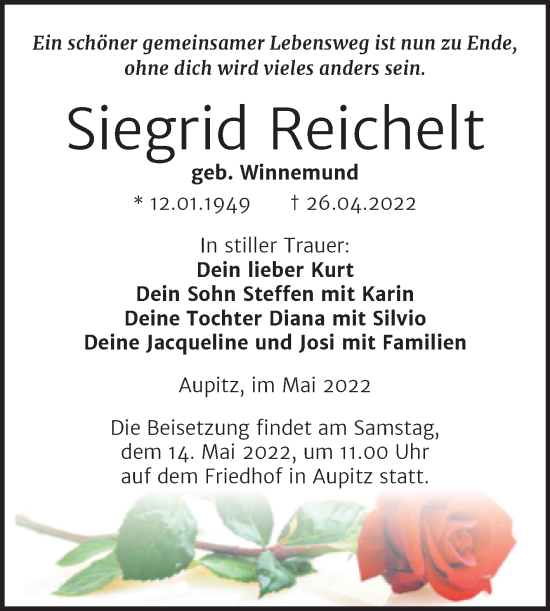 Traueranzeige von Siegrid Reichelt von Trauerkombi Weißenfels