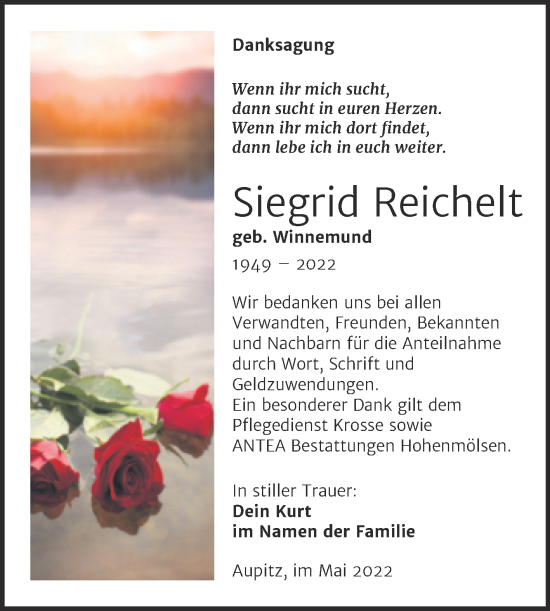 Traueranzeige von Siegrid Reichelt von Trauerkombi Weißenfels