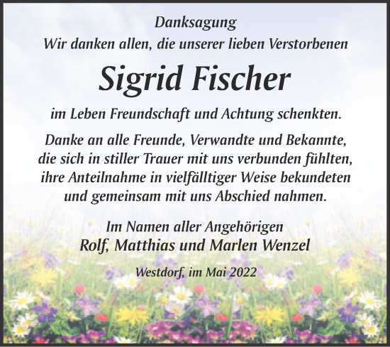 Traueranzeige von Sigrid Fischer von Trauerkombi Aschersleben
