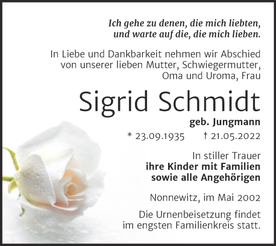 Traueranzeige von Sigrid Schmidt von Trauerkombi Zeitz