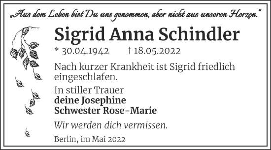 Traueranzeige von Sigrid Anna Schindler von Mitteldeutsche Zeitung Dessau-Roßlau
