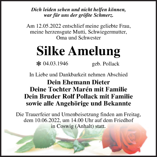 Traueranzeige von Silke Amelung von Trauerkombi Wittenberg