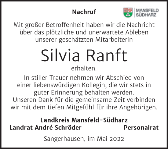 Traueranzeige von Silvia Ranft von Mitteldeutsche Zeitung Mansfelder Land