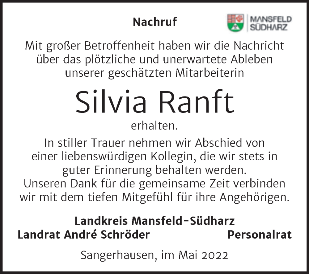  Traueranzeige für Silvia Ranft vom 18.05.2022 aus Mitteldeutsche Zeitung Mansfelder Land