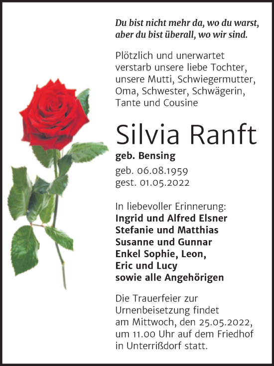Traueranzeige von Silvia Ranft von Trauerkombi Mansfelder Land